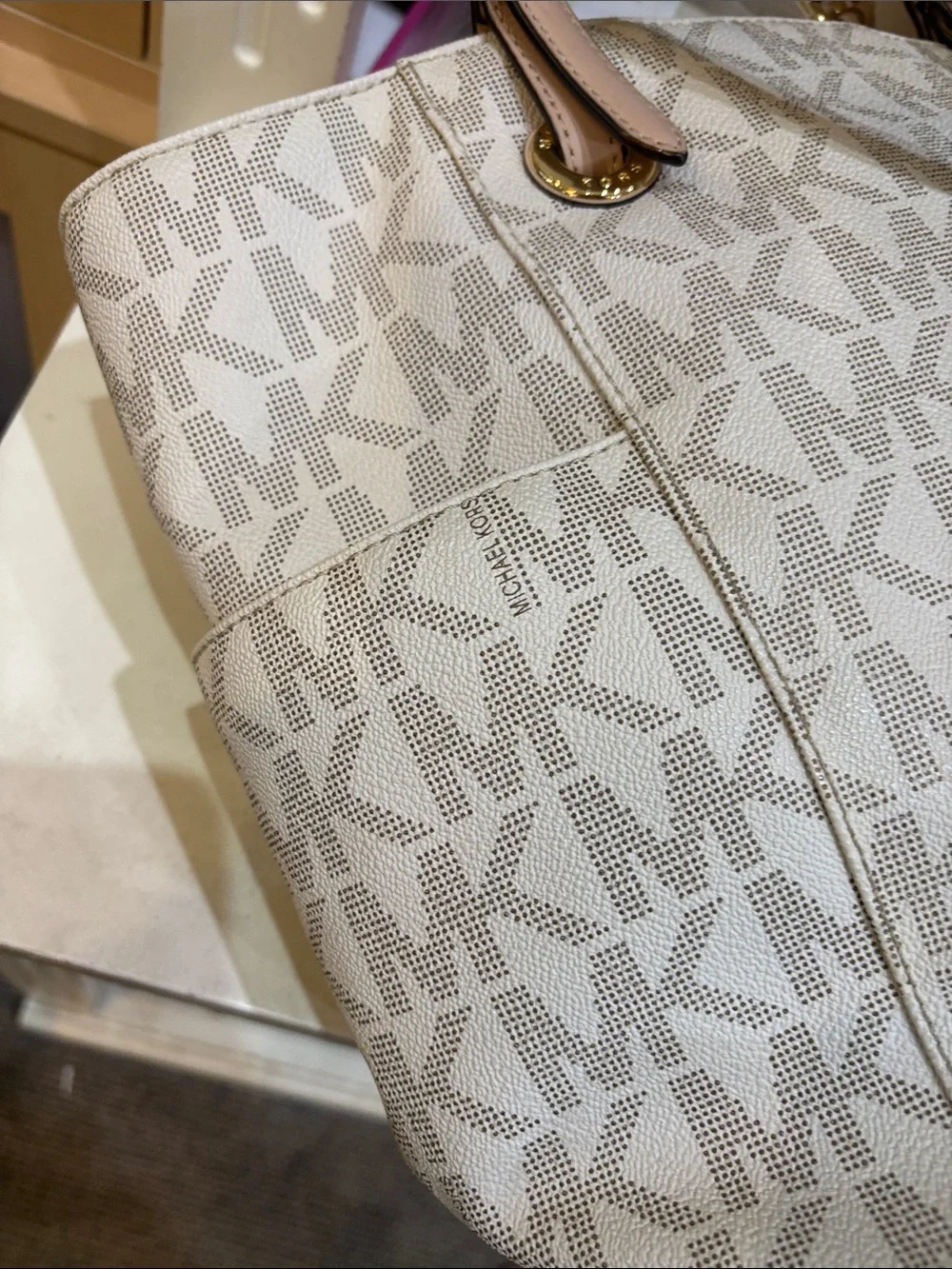 Michael Kors Ivory/Taupe Signature MK Tote with Leather Straps